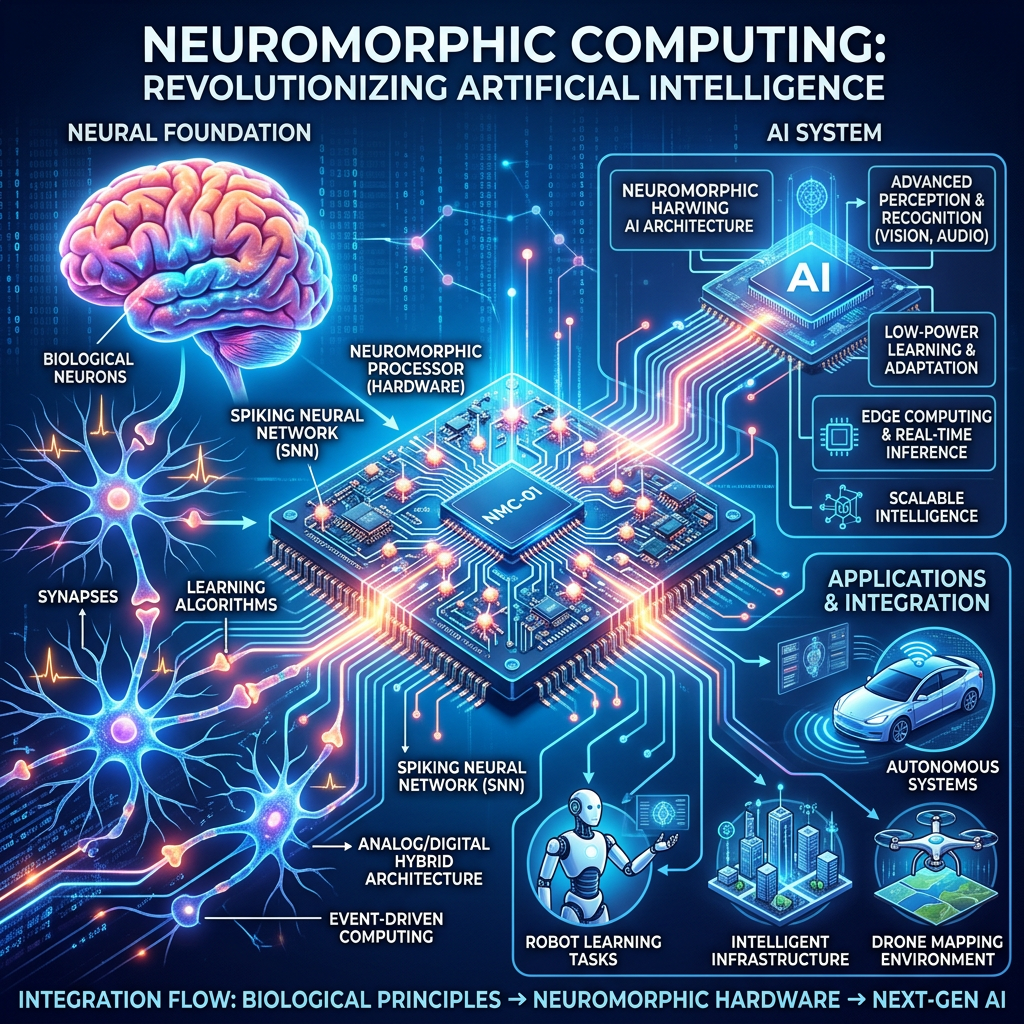 Infographic titled Neuromorphic Computing: Revolutionizing Artificial Intelligence, showing neural networks, hardware, and AI applications